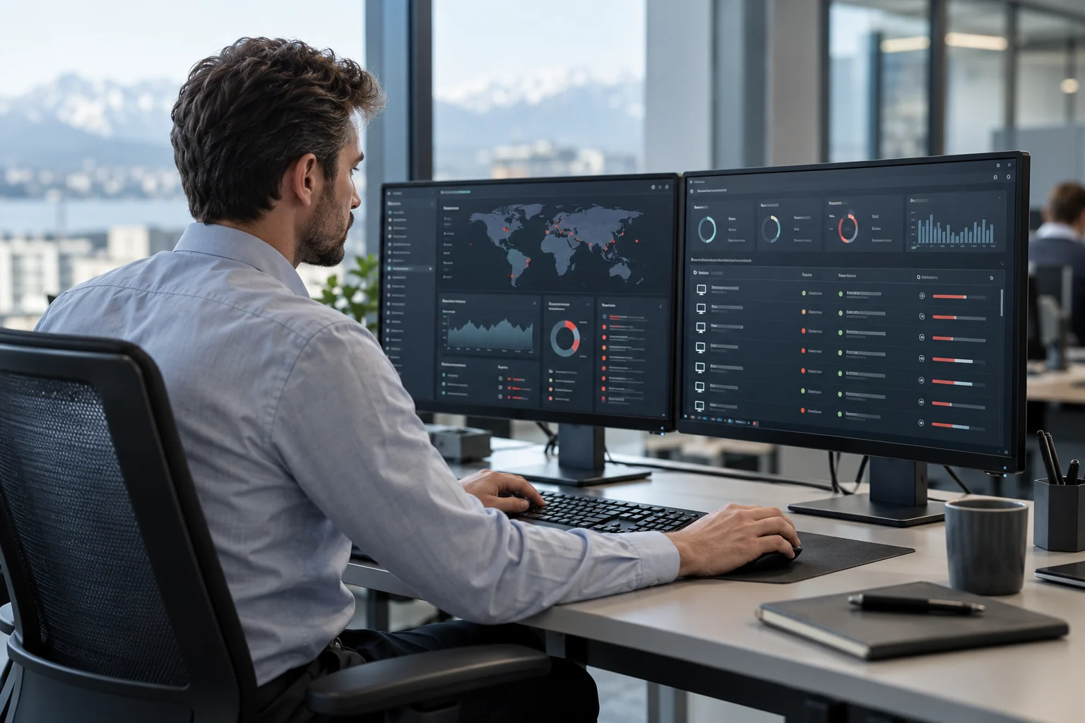 IT specialist reviewing a cybersecurity dashboard in an office. AI-generated illustration.